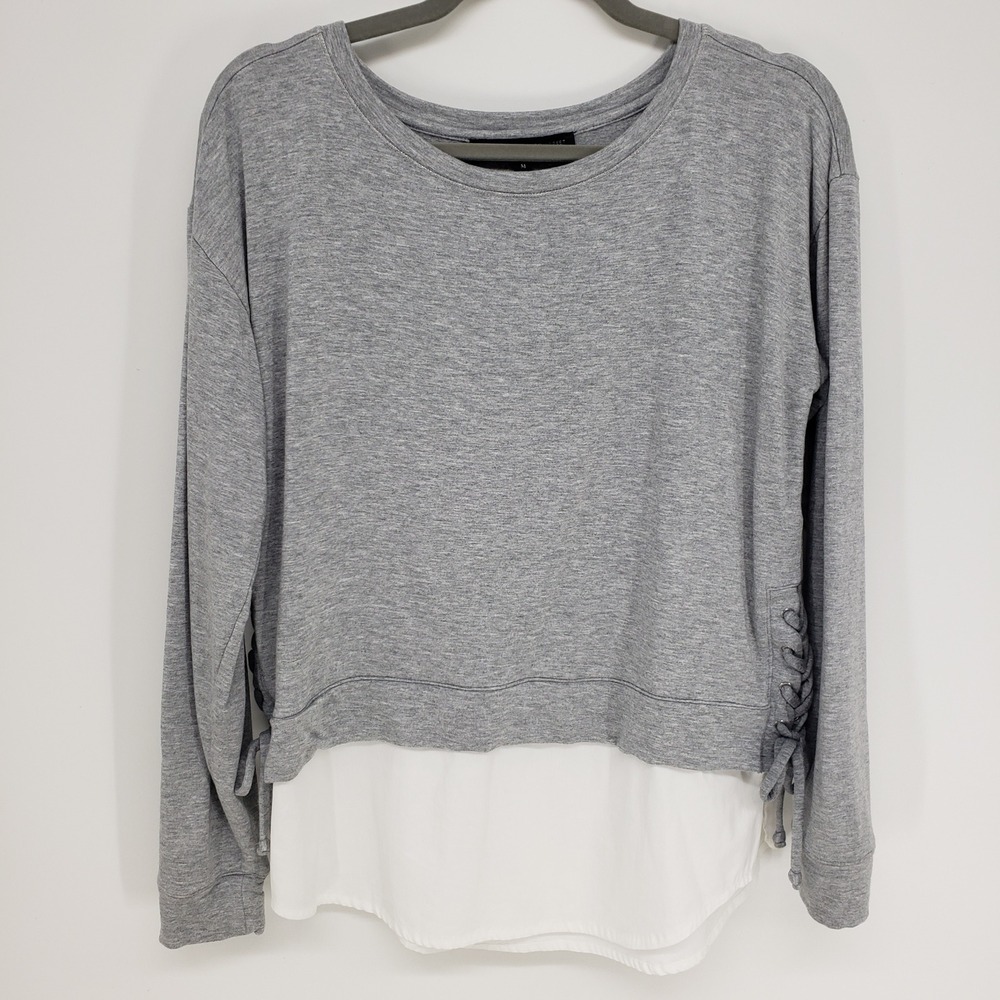 White House Black Market Mixed Media Top M Gray Layered Lace up Side Long Sleeve